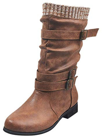 Minetom Donna Inverno Stivali Alti Boots Caviglia Caldo Stivaletti Tacco A Blocco All'Aperto Cinturino con Fibbia Eleganti Finto Pelle Scarpe Marrone 41 EU
