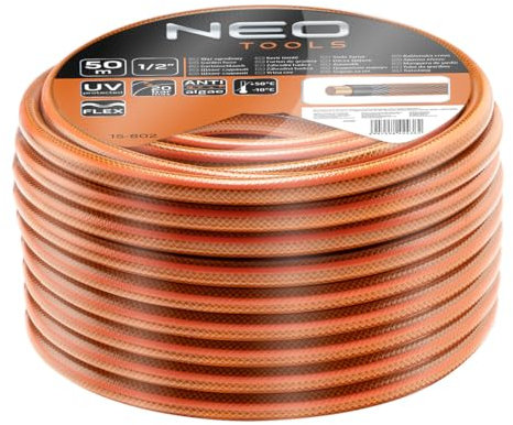 NEO TOOLS Tubo da giardino economico a 4 strati, 1/2 o 3/4 | PVC rinforzato con tessuto incrociato in poliestere | diversi modelli