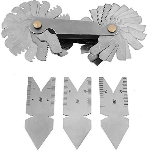 Medidor de centro, calibre de tornillo, calibre de paso de rosca de grado, calibre de cola de pez, hilo de acero inoxidable, 52 hojas + 2 piezas 60 ° + 1 pieza 55 ° Juego de herramientas de calibrador