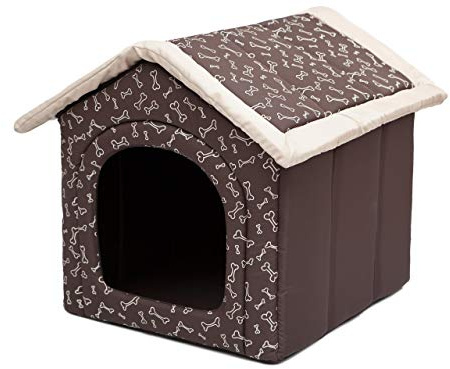 Pillowprim Hundehütte Hundehöhle Hundebett Hundehaus Katzenhöhle mittle L - 52x46 cm braun mit Knochen