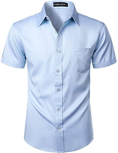 PARKLEES Mens Casual Urban Stylish Slim Fit Short Sleeve Button Up Dress Shirt with Pocket ZLSC15 Sky Blue S