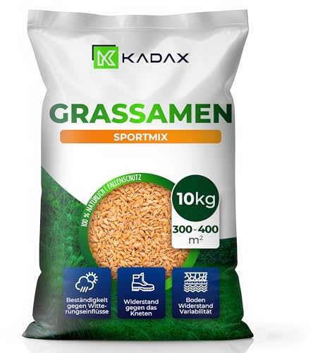 KADAX Sportrasen, 400 m², Spielrasen, Saatgutmischung, Rasensamen, Grassamen, Rasensaat, Rasenmischung, wirksames Saatgut, Gras, Rasensaatmischung (10 kg)