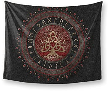 JJLLAZAD Viking World Tree Tapisserie, Odin Rune Keltischer Knotendruckmuster Wandbehang, Polyester Nordic Art Tapisserie Schlafzimmer,Celtic Tree,60x40 Inch