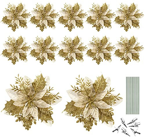 Weihnachten Glitter Künstliche Weihnachtsstern Blumen- Muster 12Pcs Weihnachten Baum Blumen- Muster Ornamente Xmas Party Dekoration mit 12Pcs Vorbauten Und Clips (Gold)