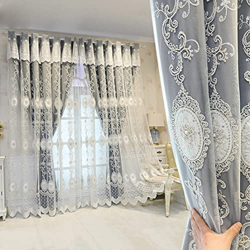 NIUSAIHUA Double-Deck Verdunkelungsvorhänge Mit Ösen, Spitzenstickerei Gardine aus Voile & Blackout Vorhänge, für Wohnzimmer Wärmeisolierter 2 Schichten Gardinen, 1pcs, Gray, Width:140*Height:210cm