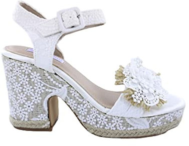 LARES Sandalias de novia con tacon ancho esparto. Alpargatas blancas con plataforma. Flor pala. Talla: 36