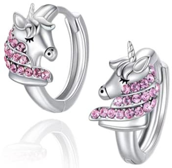 MENNICA BYDGOSKA 925 Silber Einhorn Creolen Ohrringe, 14 mm Durchmesser mit rosa Zirkonia für Mädchen, rhodiniert, nickelfrei, Geschenk für ein Mädchen, in einer dekorativen Box
