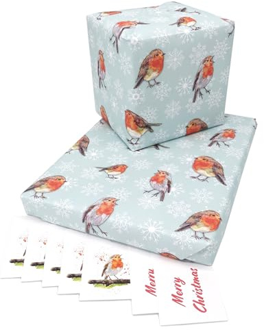 Robin Designer-Geschenkpapier, trendig, 4 Blatt Multipack + 4 Robin Tags. Ideal für Jung, Alt, Männlich, Frauen. 100 % recycelbares Papier, hergestellt in Großbritannien