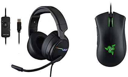 The G-LAB Korp Thallium Gaming-Kopfhörer, USB, 7.1, Digital Surround - Headset für Gamer (Schwarz) & Razer DeathAdder Essential (2021) - Essentielle Gaming-Maus mit optischem 6.400-DPI-Sensor Schwarz