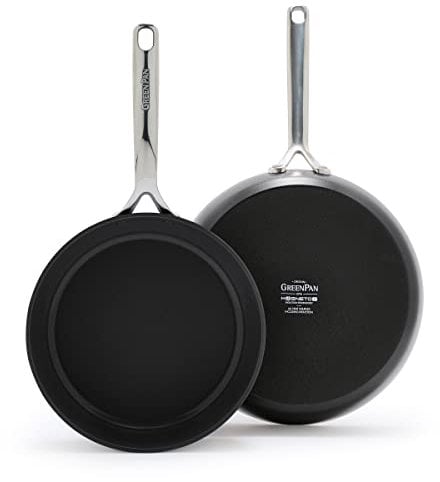 GreenPan GP5 Hard Anodized Healthy Ceramic Nonstick 9.5” & 11” 2 Piece Frying Pan Skillet Set,Heavy Gauge Scratch Resistant, Stay Flat Surface,Induction, Mirror Finish Handle,Oven Safe,PFAS-Free,Black