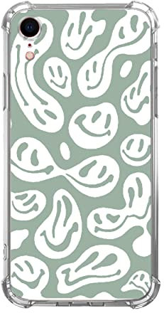 Nsydnbly Aesthetic Sage Green Smile Face Case Compatible with iPhone XR, Hippie Trippy Smile Face Case for iPhone XR, Trendy Cool TPU Phone Case Cover