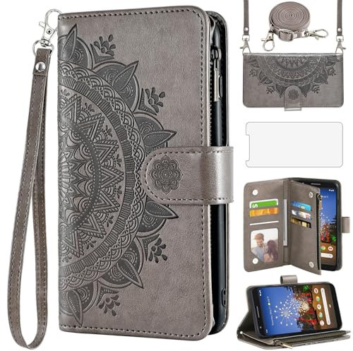 Asuwish Étui portefeuille pour Google Pixel 3a XL avec protecteur d'écran en verre trempé et fleur mandala, porte-cartes de crédit, support pour téléphone portable, Pixel3aXL, Pixle, 3aXL, A3,