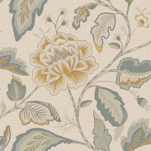 Maya Trail Blue Yellow Wallpaper - Floral Leaves Naturistic Stylish Feature Wall - Luxury Textured Vinyl