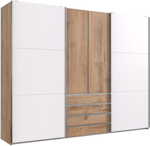 möbelando Schwebetürenschrank >Magic< in PLANKENEICHE + Weiss - 300x236x65cm (BxHxT)