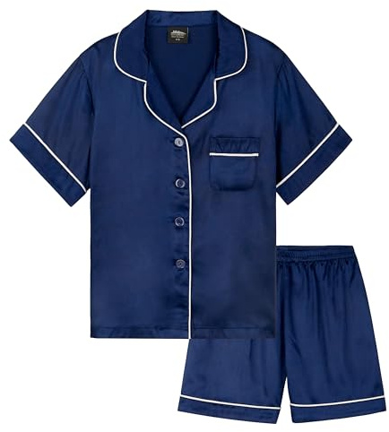 CityComfort Girls Pyjamas for Kids & Teenagers Summer Nightwear Sets Button Down Satin Short PJs Breathable Soft Loungewear Short Sleeved Jammies for Girls (15-16 Years, Navy)