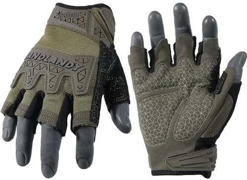 HANDLANDY Fingerlose Arbeitshandschuhe für Herren, Halbfinger-Arbeitshandschuh, rutschfest, stoßdämpfend, atmungsaktiv, Uwrist TPR, Anti-Kollisions-Handschuhe Armeegrün XL
