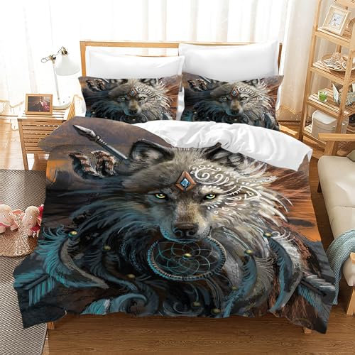 Leleyouzer Wolf Bettwäsche Set,3D Tiermuster Bettbezug für Jungen,1 Mikrofaser Bettbezug und 2 Kissenbezüge 50 x 75cm (Wolf 1, 135×200 cm)