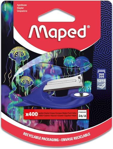 Maped - Agrafeuse Deepsea Paradise - Attache jusqu’à 15 feuilles - Agrafes 24/6 et 26/6 - Mécanisme métal - Livrée avec 400 agrafes