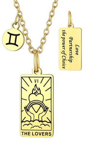 Suplight Tarot Karte Anhänger Damen Herren Tarot Card Pendants Die Liebenden Halskette Edelstahl Rectangle Amulett Anhänger Zwillinge Schmuck Zubehör, Gold, 45 + 5cm Kettenlänge