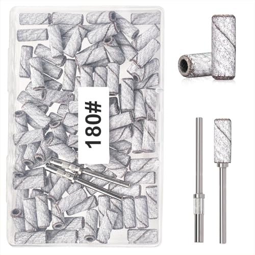 Small Sanding Bands for Nail Drill, 100pcs Mini Bands 180 Fine Grit Nail File Sanding Bands with Upgrade 2pcs 3/32'' Mandrels Bits, for Acrylic Nail Gel Removal, Plastic Polishing Manicure, White