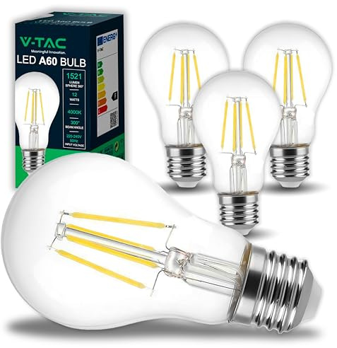 V-TAC 4x Ampoules LED Filament E27 - A60-12W (équivalent 100W) - 1521 Lumen - Ampoule LED Verre - Efficacité Maximale et Économie d'Énergie - 4000K Blanc Neutre