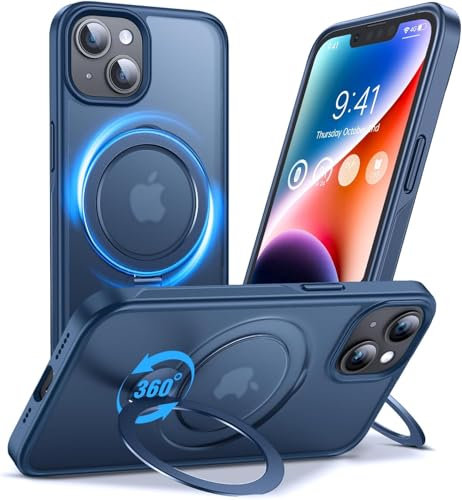 Anqrp 360° All-in-ONE Stand Case for iPhone 14/13 Case with Rotatable Magnetic Kickstand Ring Holder, Compatible with MagSafe, Shockproof Translucent Matte Phone Cover for iPhone 14/13 6.1 inch, Blue