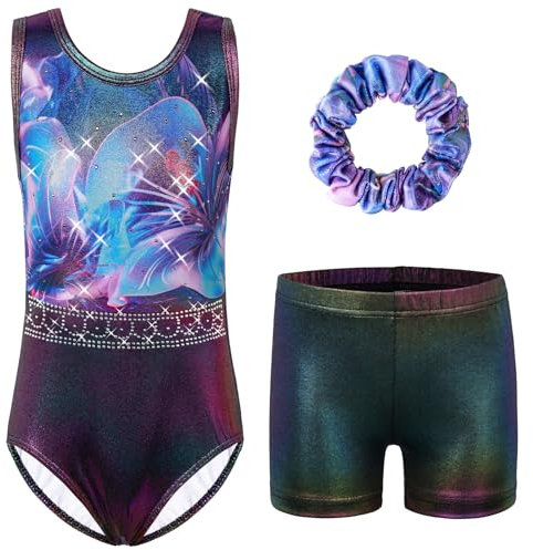 HUAANIUE Mädchen Kinder Gymnastikanzug Set Trikot + Shorts + Haarschmuck Ärmelloser Tanzanzug 3-14 Jahre (KHB373-Blau Violett, 9-10 Jahre)