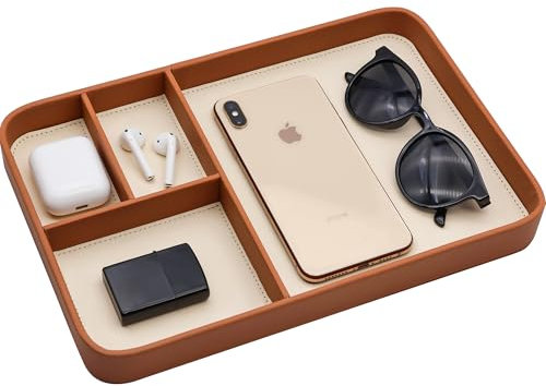HPGJLEE PU Leather Valet Tray, Stylish and Organized Entryway Bedside Desk tray, EDC Catchall Tray for Phone Keys Watch Wallet Jewelry (Brown)