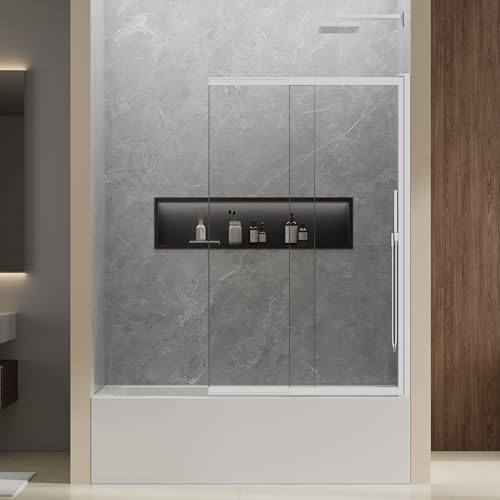 HAUUXUEN Bathtub Shower Door,40 W x 59 H Tub Sliding Doors, 5mm Clear SGCC Tempered Glass with Dual Nano Coating, Easy to Clean, Bright Chrome Finish