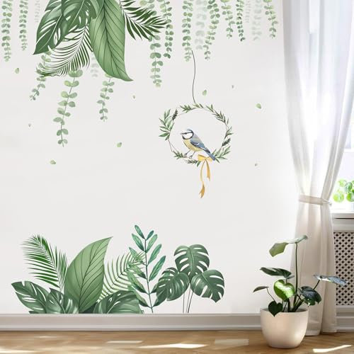 KAIRNE Green Tropical Leaves Wall Stickers Hanging Plants Green Jungle Wall Decals Parrot Wall Art Nature Hanging Vine Palm Clings for Bedroom Living Room Sofa TV Background