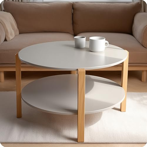 POSNORD Couchtisch Rund Ø 75 cm | Sofatisch mit 3 Massivholzbeinen | Moderner Skandinavischer Wohnzimmertisch | Beistelltisch Holz für Sofa & Couch | Couchtisch Beige