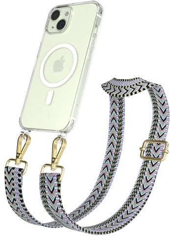 EAZY CASE Handykette - Verstellbares Taschenband kompatibel mit iPhone 15, Schulterriemen, Handykordel mit Silikon Hülle, Qi Charging kompatibel, Umhängetasche, Lila Grün Gold