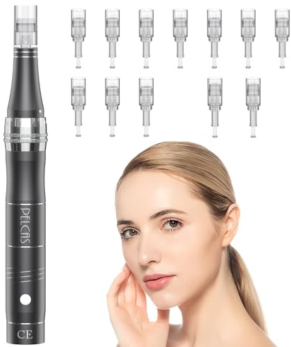 PELCAS Derma pen Elektrischer Mikroneedling Schönheit Pen Mikronadelstift | Wiederaufladbar Verstellbar Länge mit 3 Geschwindigkeiten 12 Ersatzköpfe Tragbares Microneedling Gerät für Gesicht Haut Grau
