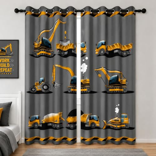 YONGFOTO Bagger Verdunklungsvorhänge Kinderzimmer Junge Gelb Baustelle | Fahrzeuge Auto Traktor LKW Bulldozer Lastwagen Industriestil Thermogardinen Jugendzimmer mit Ösen 2 Paneele 107 x 160 cm