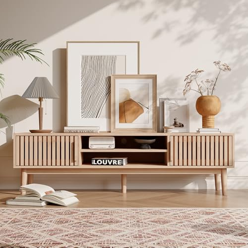 QMTXBYJ Meuble TV Bois, Meuble TV 150cm, Meubles TV Rotin avec 2 Portes et 2 étagères de Rangement, Banc TV Meuble Télé pour téléviseur 55-65 Pouces,150x40x48cm, Brun Clair (Brun Clair)