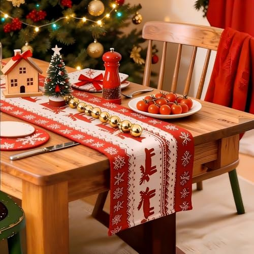 Tischläufer Weihnachten 33 x 180 cm, Weihnachtstischläufer Rot, Abwaschbar Weihnachts Tischläufer, Weihnachtsdeko Innen Table Runner Weihnachts Tischdeko für Winter Weihnachtstisch Estliche Dekoration