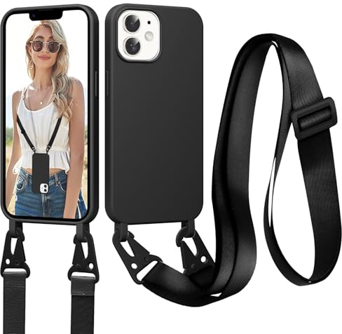 Jrkvniv Funda para iPhone 12/12 Pro Caso con Cordón, Ajustable Collar Cuerda, Delgado Suave Bumper TPU Silicona Líquida Antigolpes Case, Carcasa Protectora con Forro de Microfibra, Negro
