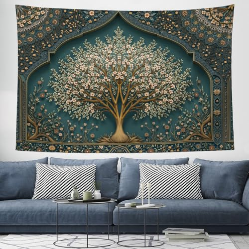 DLERFLOVR Wandteppich 150x200 cm Wandbehang Traditionelle Persische Muster Wandtücher Dekorativer Baum Wandkunst Tapisserie Rechteckig Art Decor für Zimmer Wohnheim Schlafazimmer - Smaragdgrün