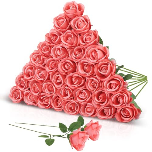 saerryor 36 Pcs Artificial Roses with Long Stems,Fake Silk Rose(Deep Pink) | Artificial Flowers Bulk for Bridal Wedding Bouquet Centerpiece Ball Arrangement Party Decor