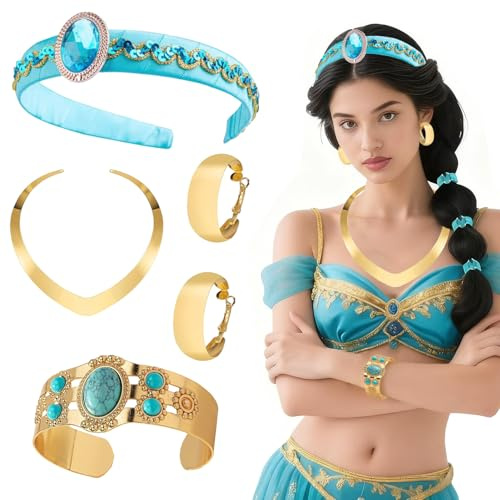 Prinzessin Jasmin Accessoires, 4pcs Prinzessin Kostüm Set für Damen, Arabische Jasmin Prinze-ssin Kostüm Zubehör, Aladin Prinze-ssin Accessoires, Prinzesin Schmuck Mädchen, für Cosplay Karneval Party