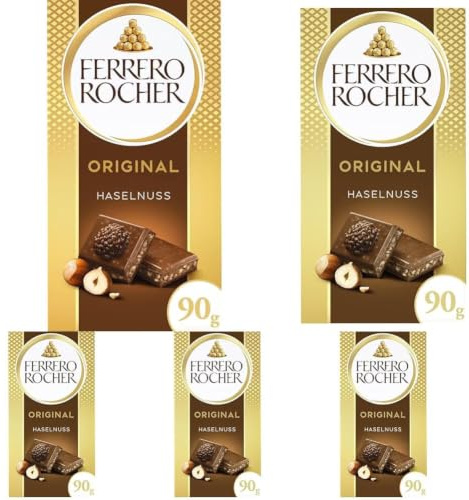 Ferrero Rocher Tafel - Original Milchschokolade mit Haselnuss – 1 x 90 g Schokoladentafel (Packung mit 5)