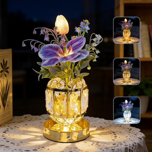 Justup Tischlampen, 3 Farben Tulpenlampe Dimmbare Touch-Kristallvase-Nachttischlampe, Wiederaufladbare Künstliche Blumen Tischlampe, Geschenk für Frauen und Mütter (Tulpe)