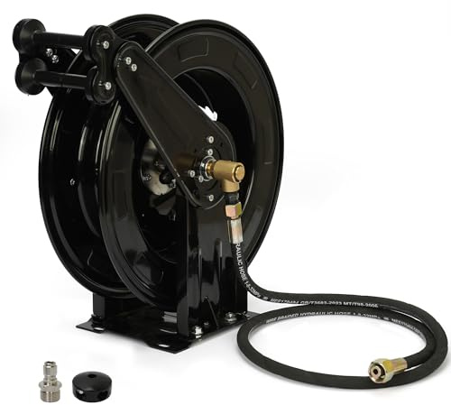 KUJIBGY Retractable Pressure Washer Hose Reel 3/8 X 50 FT | Heavy Duty Steel Power Washer Hose Reel,with Dual Arm 4000 PSI Wall/Floor Mounted,Pressure Cleaning Hose not Included