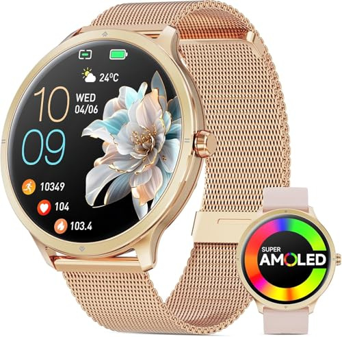 Joautrial Smartwatch Damen, 1,75 AMOLED Rund Women's Smart Watch mit Bluetooth Anruf, Herzfrequenz/Schlafmonitor/Duales Armband Sportuhr, 100+ Sportmodi Fitness Tracker für iOS Android (Rosa)