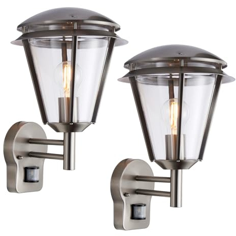 INOVA Outdoor Lights with Sensor - Security Lights Outdoor Motion Sensor - Brushed Stainless Steel PIR Motion Sensor Lights - Motion Detector Outside Lights - IP44 Weatherproof Wall Lights - 2 Pack