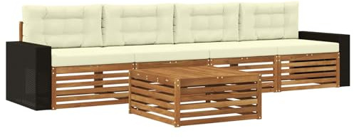 vidaXL Outdoor-Sofagarnitur 5 pcs Natur und Creme Massivholz Akazie, Gartenmöbel, Moderne Sitzgruppe, L-förmiges Sofa für Terrasse, relaxen im Lounge-Stil