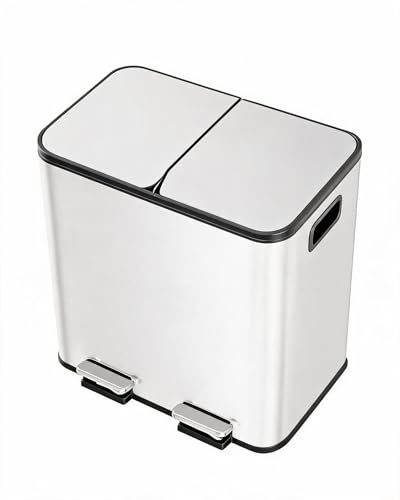 GarveeMore Poubelle Cuisine 2 x 15 l, Poubelle Double Compartiment Avec Pédale, Tri Sélectif, Seaux Intérieurs Amovibles, Fermeture Silencieuse, En Acier Inoxydable, Rectangulaire Pour Cuisine