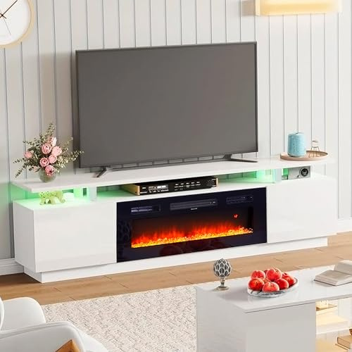 Warmiehomy Electric Fire Insert TV Stand, 36 Fireplace TV Unit, White TV Cabinet with Fireplace Built in, for 78''TV, 12 Colors Moon Light & Flame Effect, Remote Control & Overheat Protection