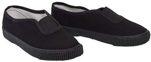 shelikes Girls Boys School PE Pumps Gym Black Trainers Touch Fastening Dance Plimsolls (Black Gusset, 1 UK)