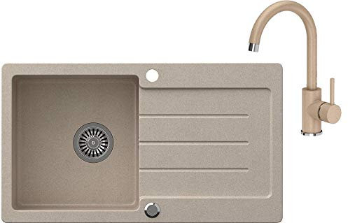 VBChome Granit Spülbecken Beige 77 x 44 cm – Einbauspüle Einzelbecken gesprenkelt, reversibel – Verbundspüle inkl. Siphon & Armatur – Küchen Waschbecken